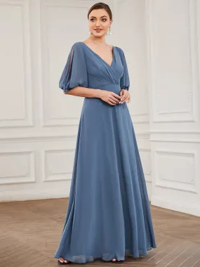 Robe mère de la mariée plissée Manches fendues Col V Mousseline