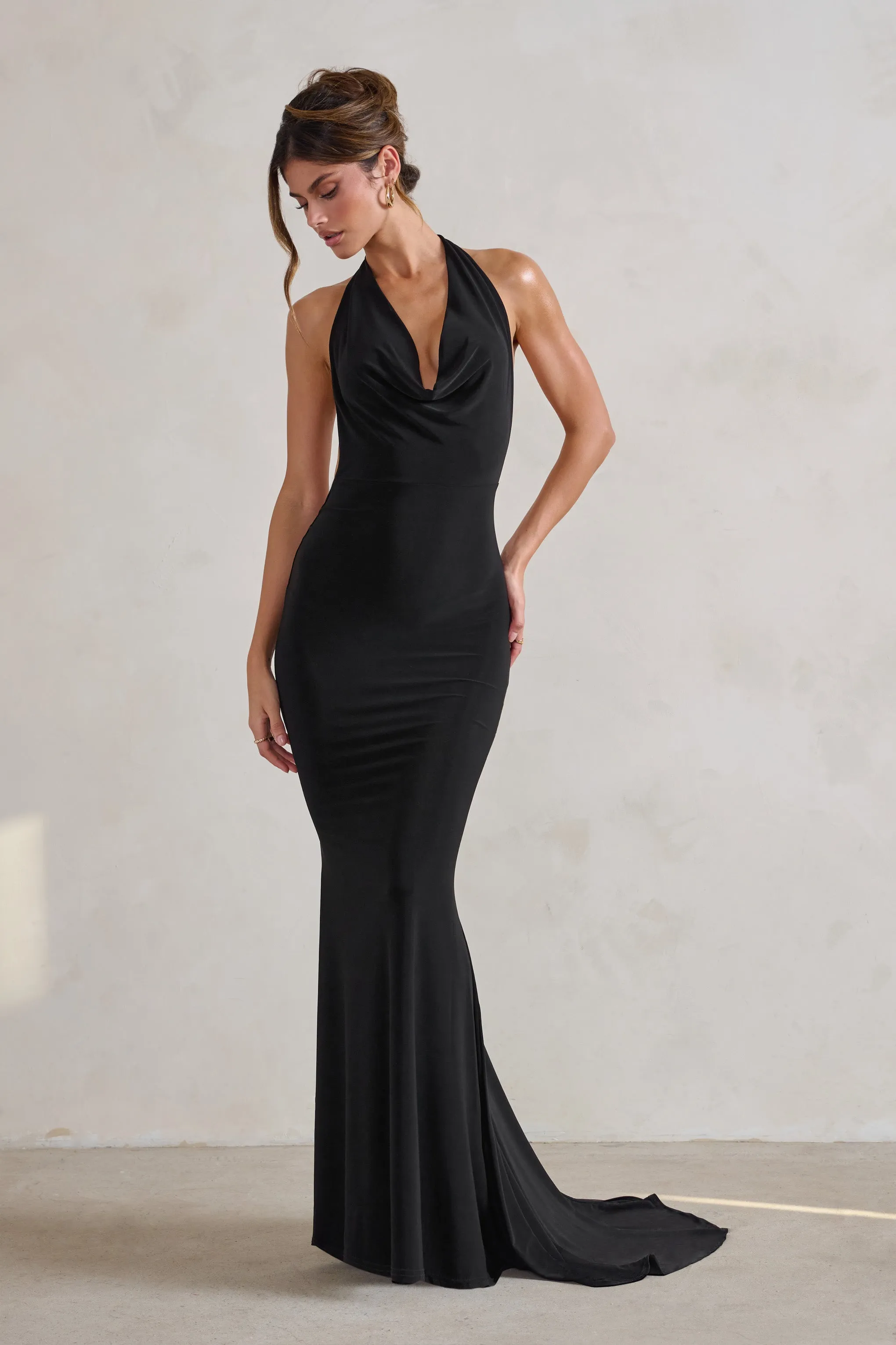 Saffina | Black Cowl Neck Low Back Maxi Dress