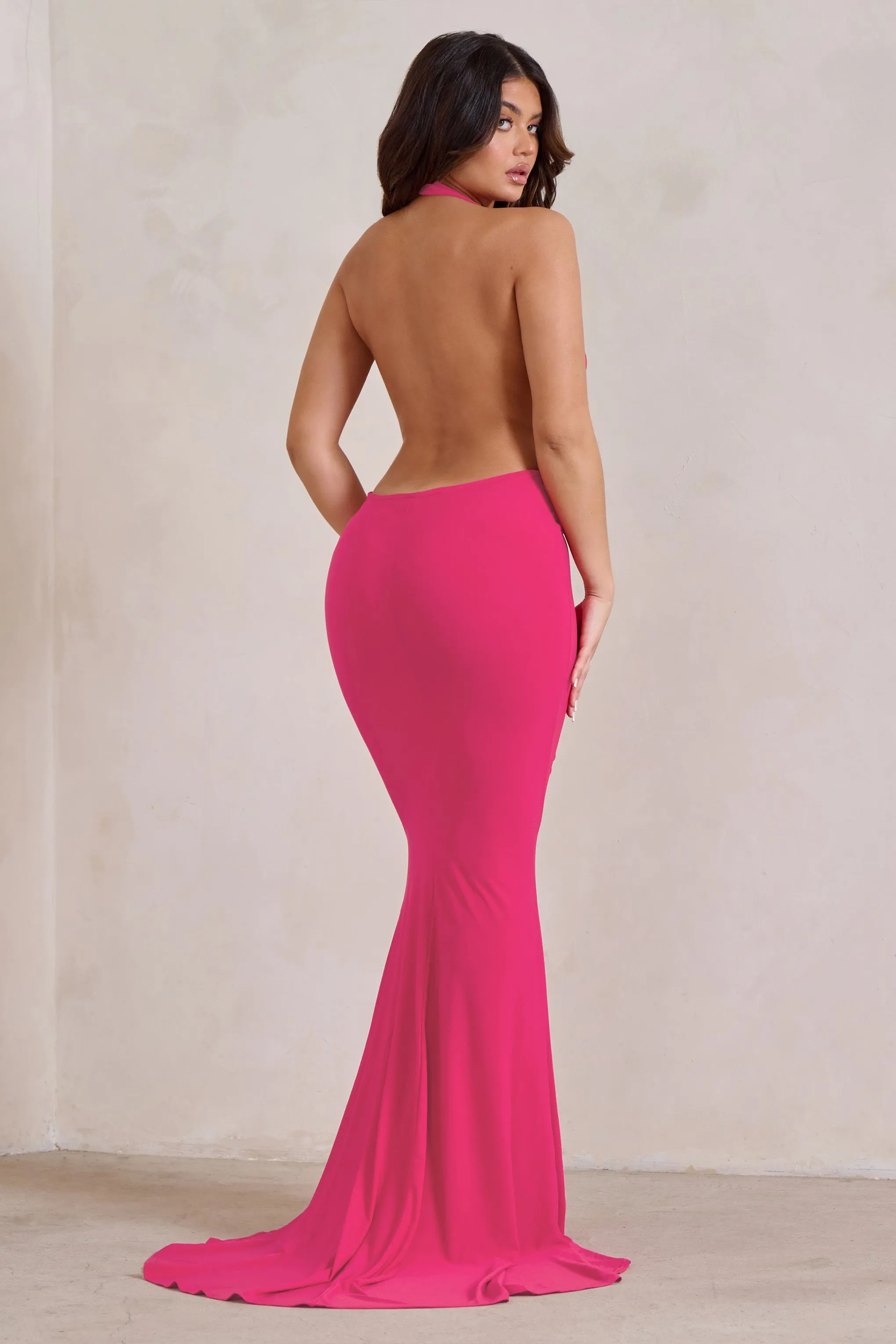 Saffina | Hot Pink Cowl Neck Low Back Maxi Dress