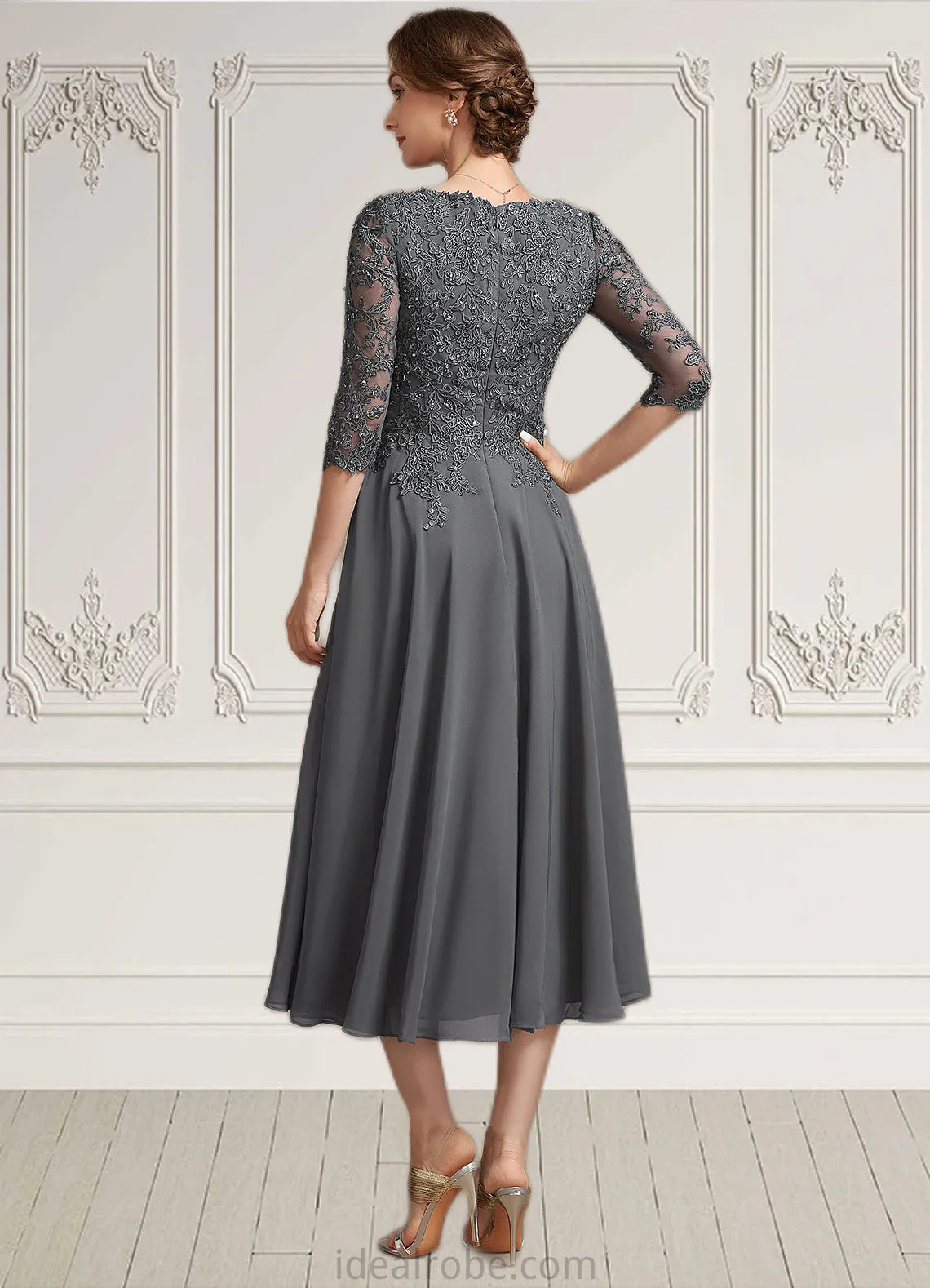 Savannah A-line V-Neck Tea-Length Chiffon Lace Mother of the Bride Dress With Beading Sequins STK126P0014702