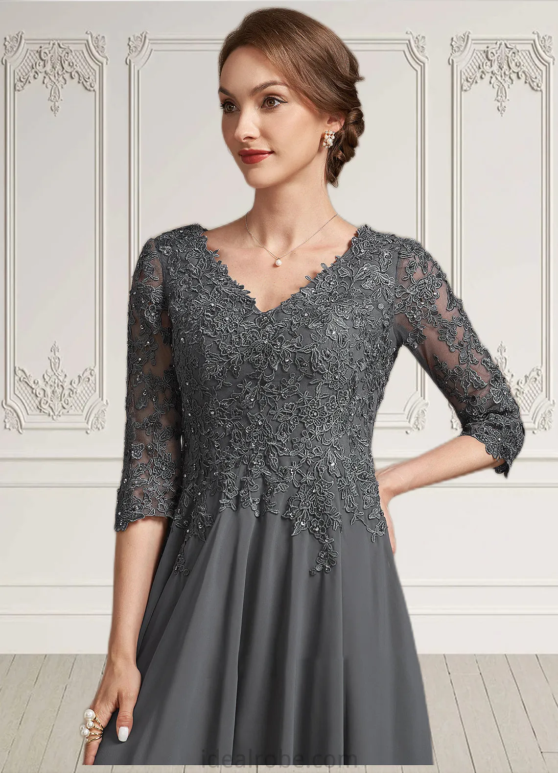 Savannah A-line V-Neck Tea-Length Chiffon Lace Mother of the Bride Dress With Beading Sequins STK126P0014702