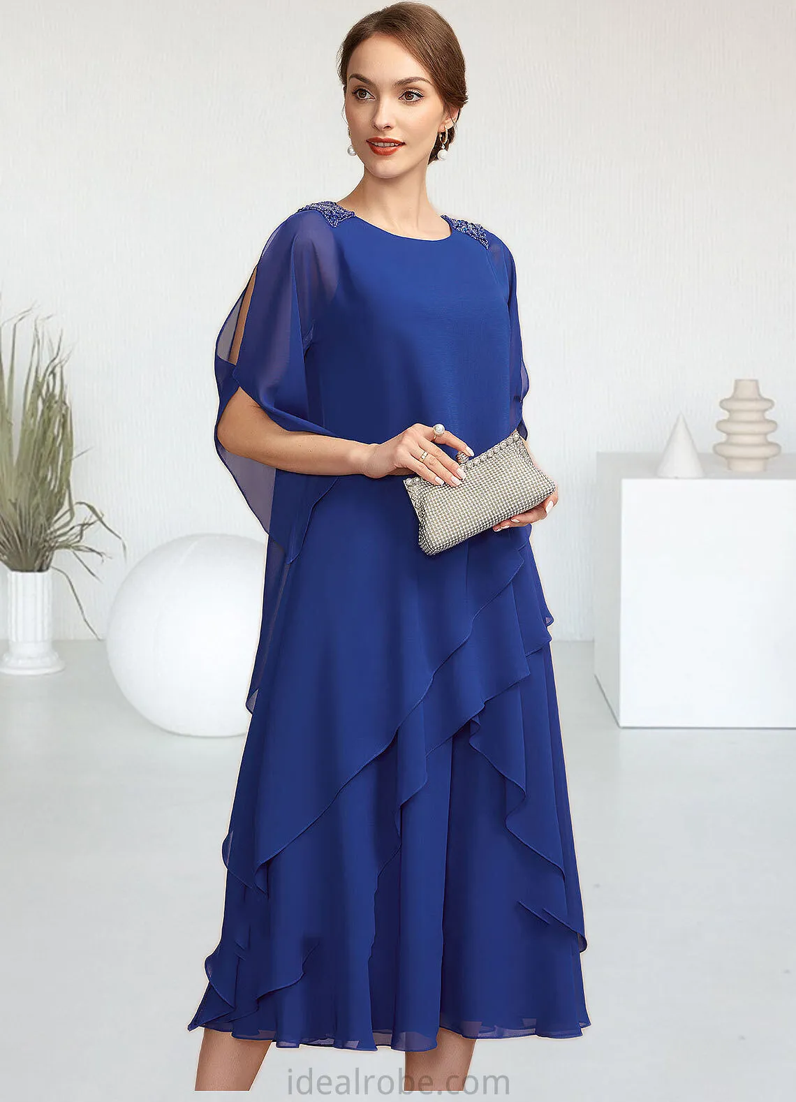 Scarlett A-Line Scoop Neck Tea-Length Chiffon Mother of the Bride Dress With Beading Sequins Cascading Ruffles STK126P0014562