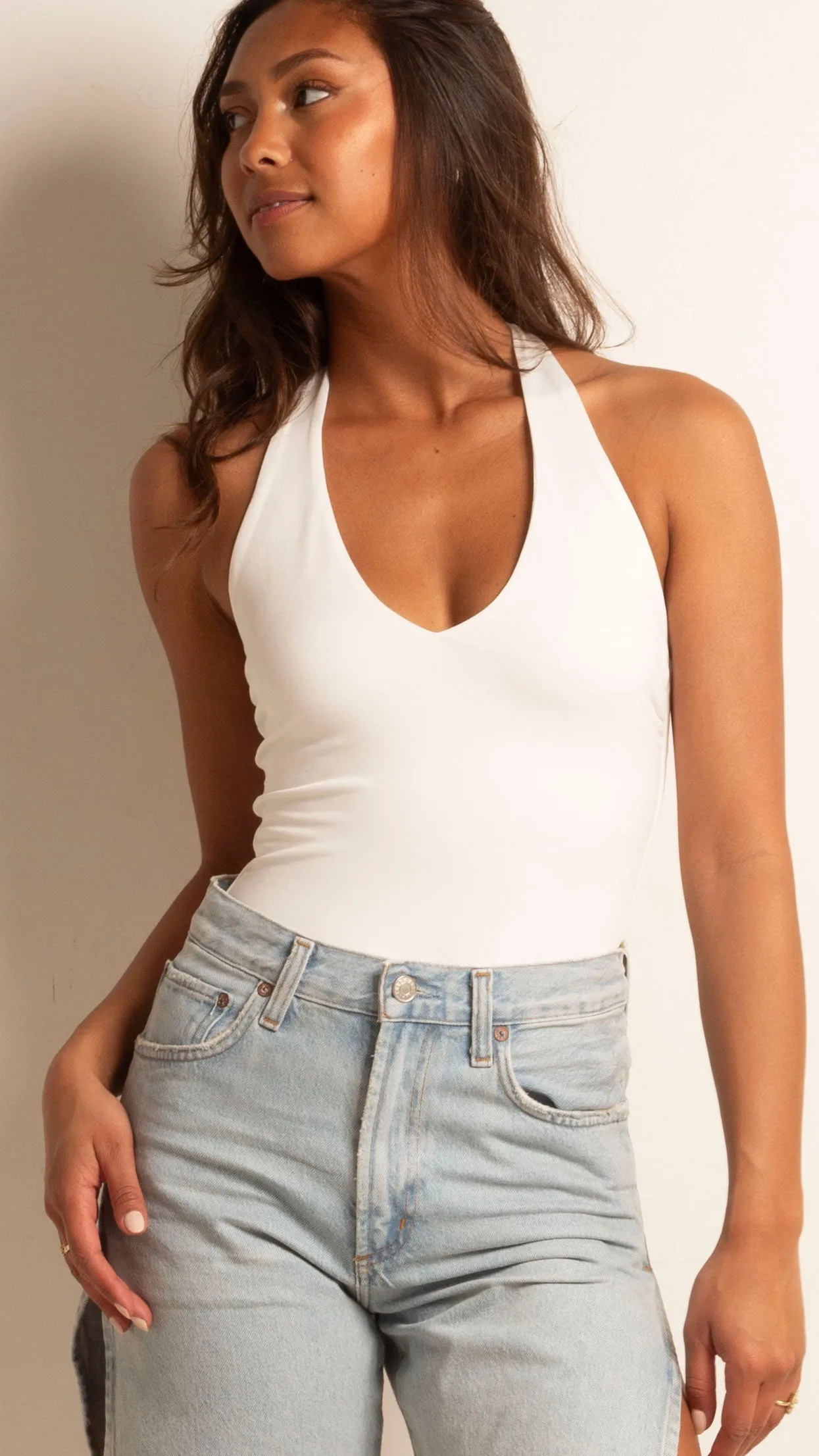 Scoop Neck Halter Bodysuit - White