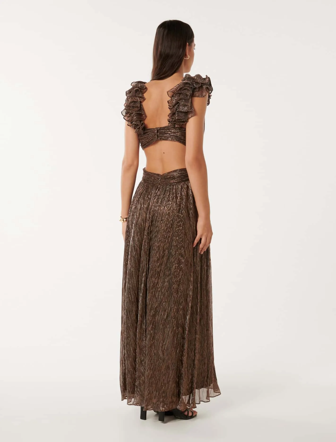 Selena Plisse Ruffle Shoulder Maxi Dress