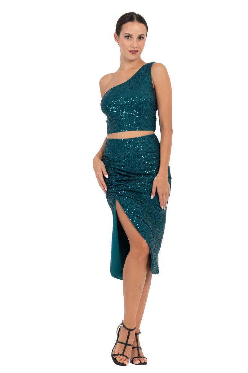 Sequinned One Shoulder Crop Top With Cutout