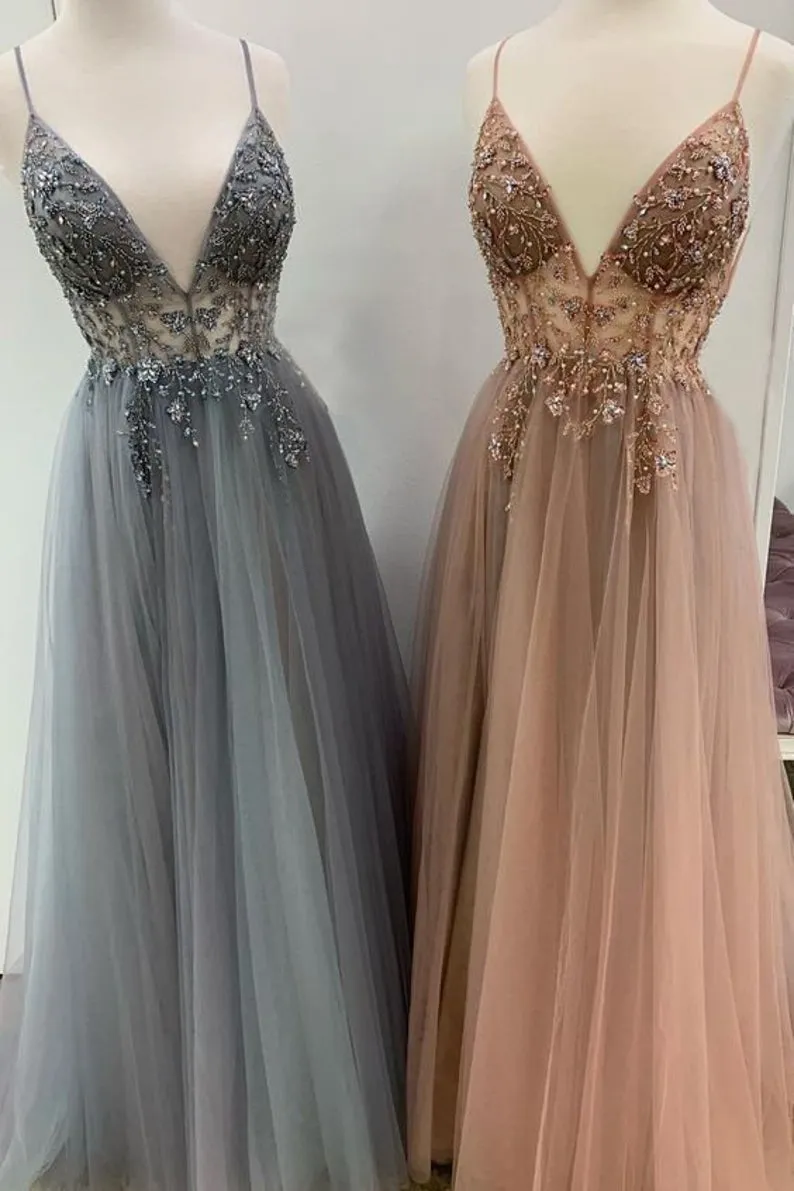 Sexy Deep V Neckline Crystal Beaded Prom Dress A Line Tulle Formal Dress ER2157