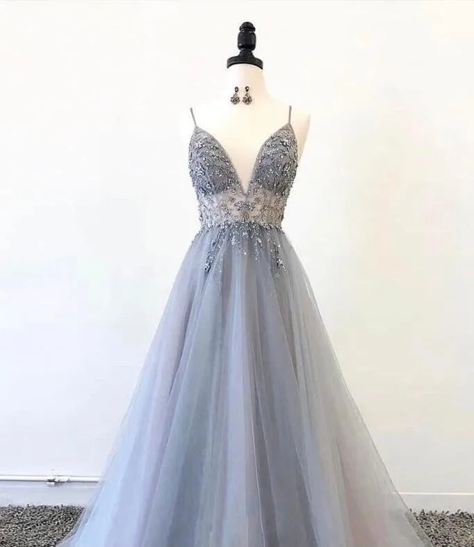 Sexy Deep V Neckline Crystal Beaded Prom Dress A Line Tulle Formal Dress ER2157