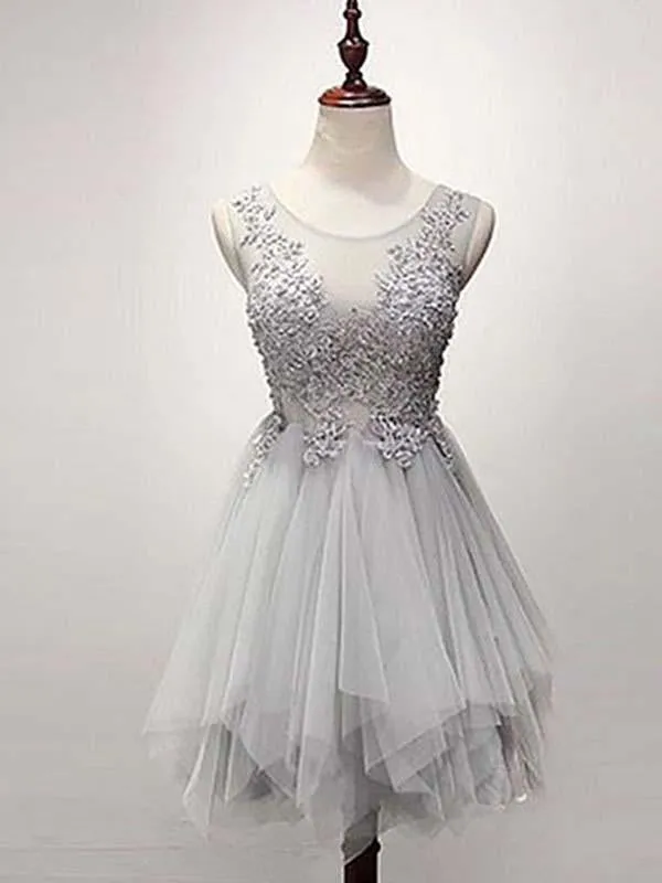 Silver Tulle Homecoming Dress Lace Cheap Party Homecoming Dress ER112