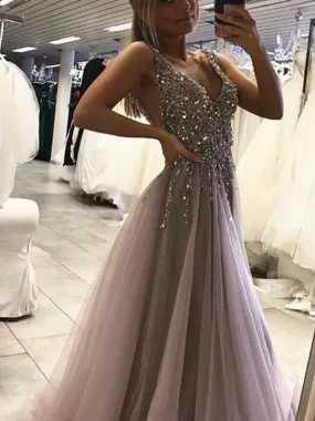 Silver V Neck Prom Dress Tulle Cheap Long Prom Dress #ER009