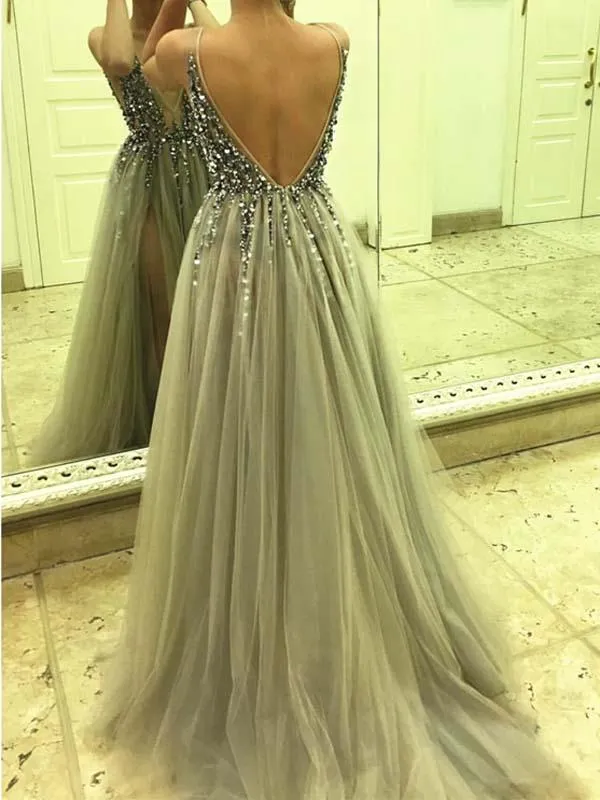 Silver V Neck Prom Dress Tulle Cheap Long Prom Dress #ER009