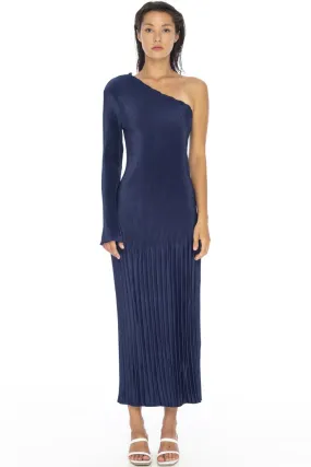 Soiree One Shoulder LS Pleated Navy Midi Dress