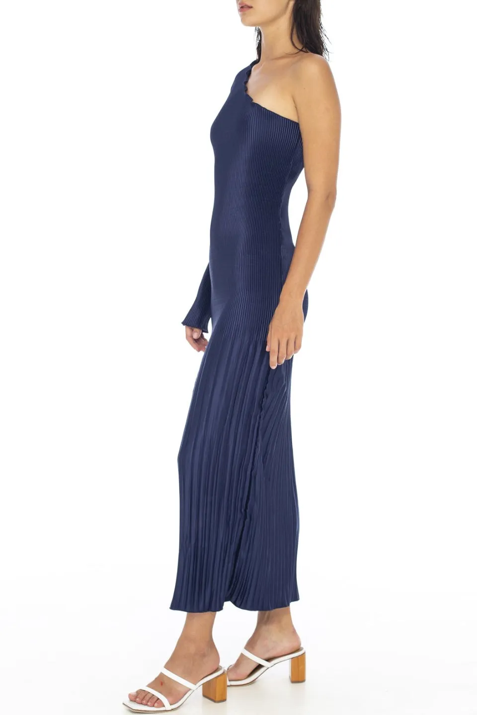 Soiree One Shoulder LS Pleated Navy Midi Dress