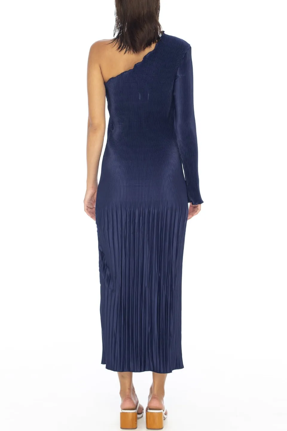 Soiree One Shoulder LS Pleated Navy Midi Dress