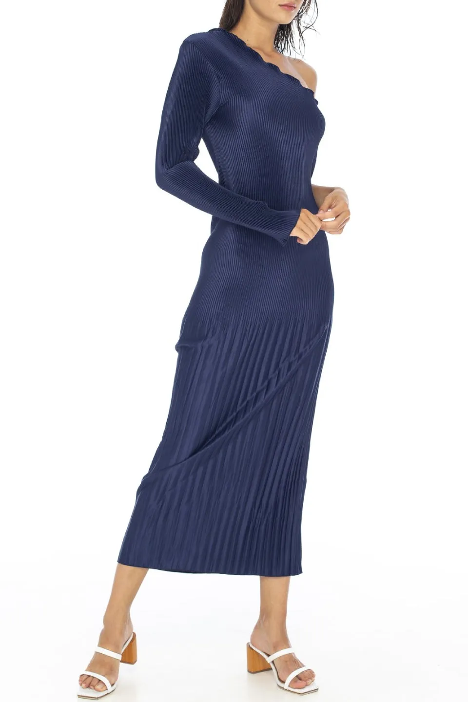 Soiree One Shoulder LS Pleated Navy Midi Dress