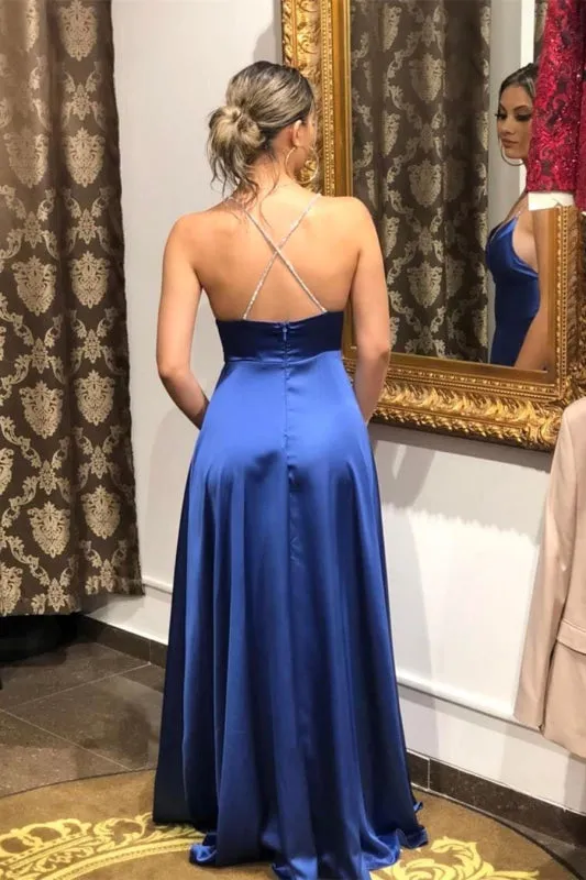 Split Long Prom Dress Spaghetti-Straps - Royal Blue