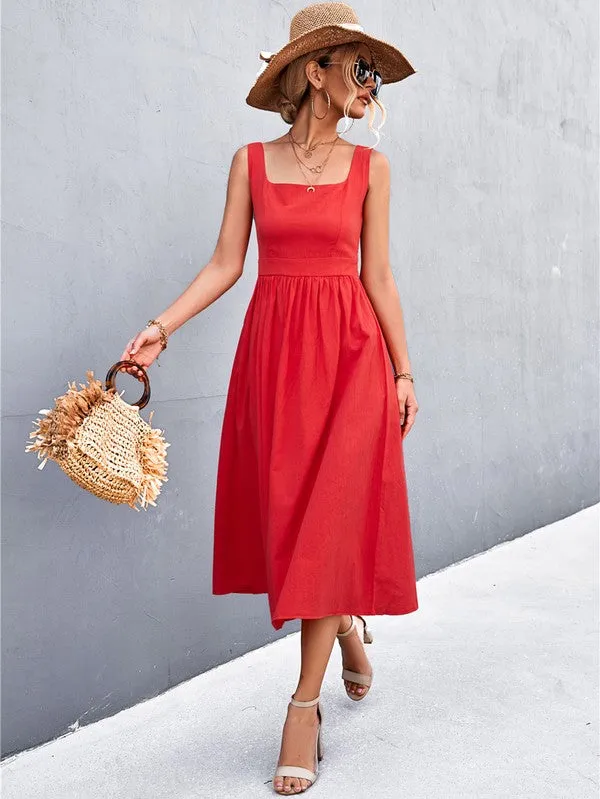 Square Neck Red Midi Dress