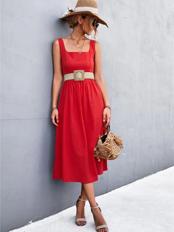 Square Neck Red Midi Dress