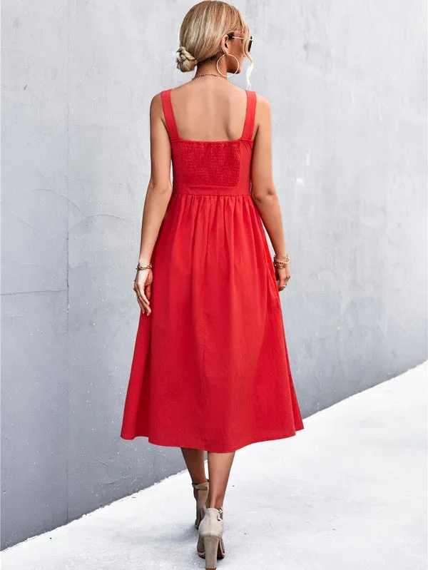 Square Neck Red Midi Dress