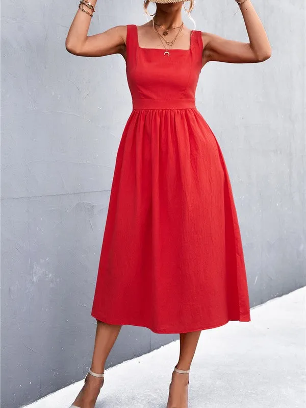 Square Neck Red Midi Dress