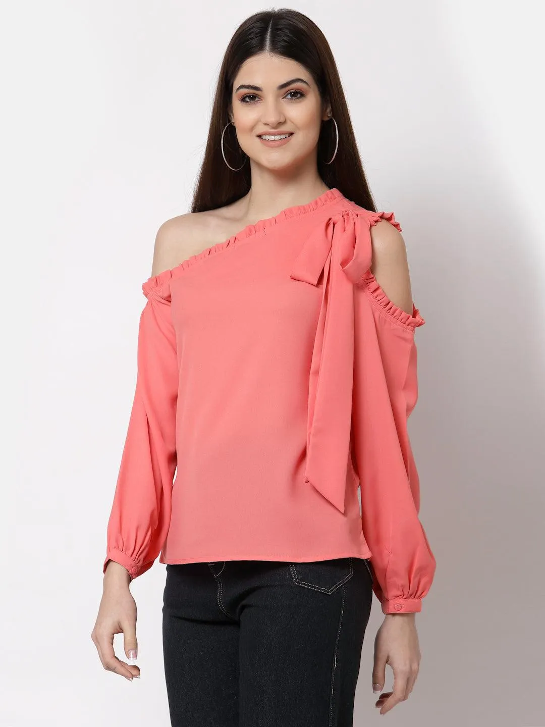 Style Quotient Coral One Shoulder Crepe Top