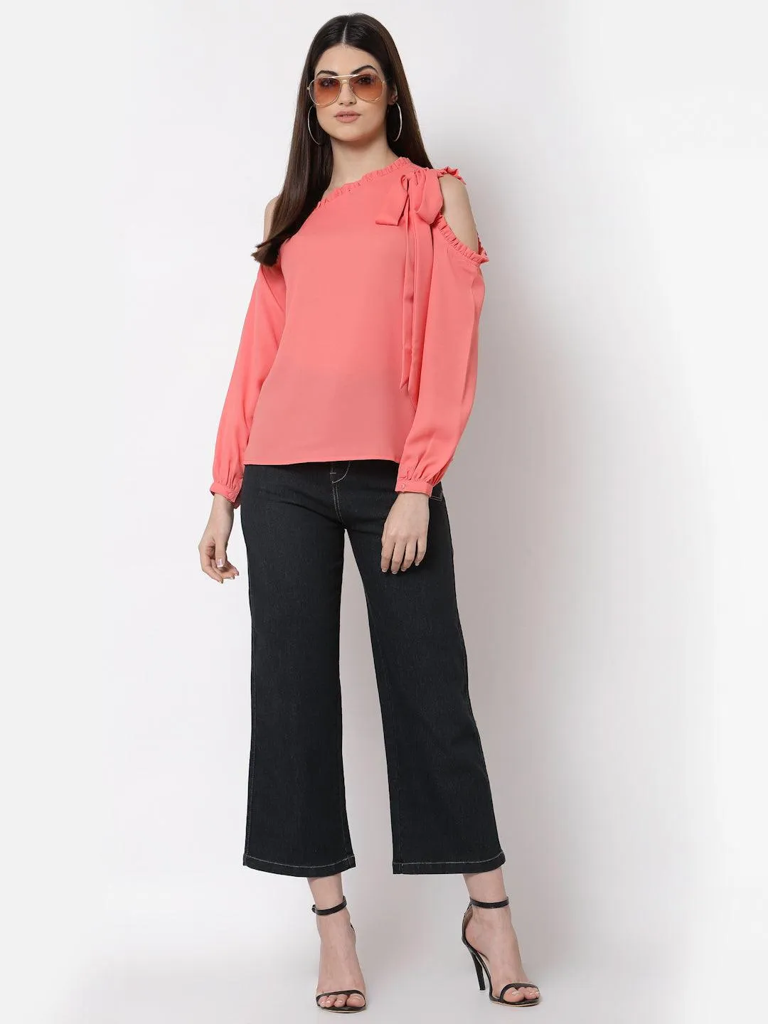 Style Quotient Coral One Shoulder Crepe Top