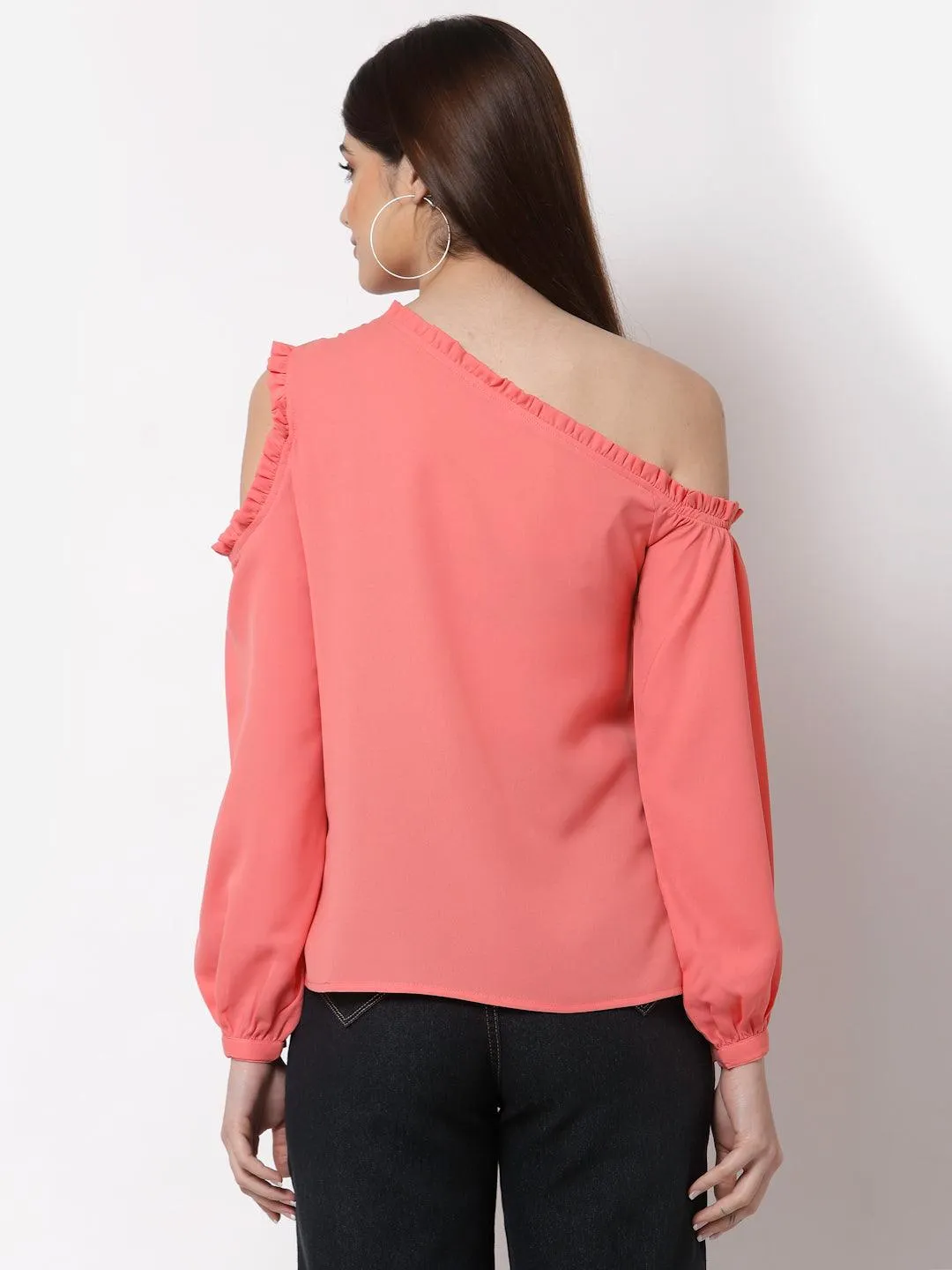 Style Quotient Coral One Shoulder Crepe Top