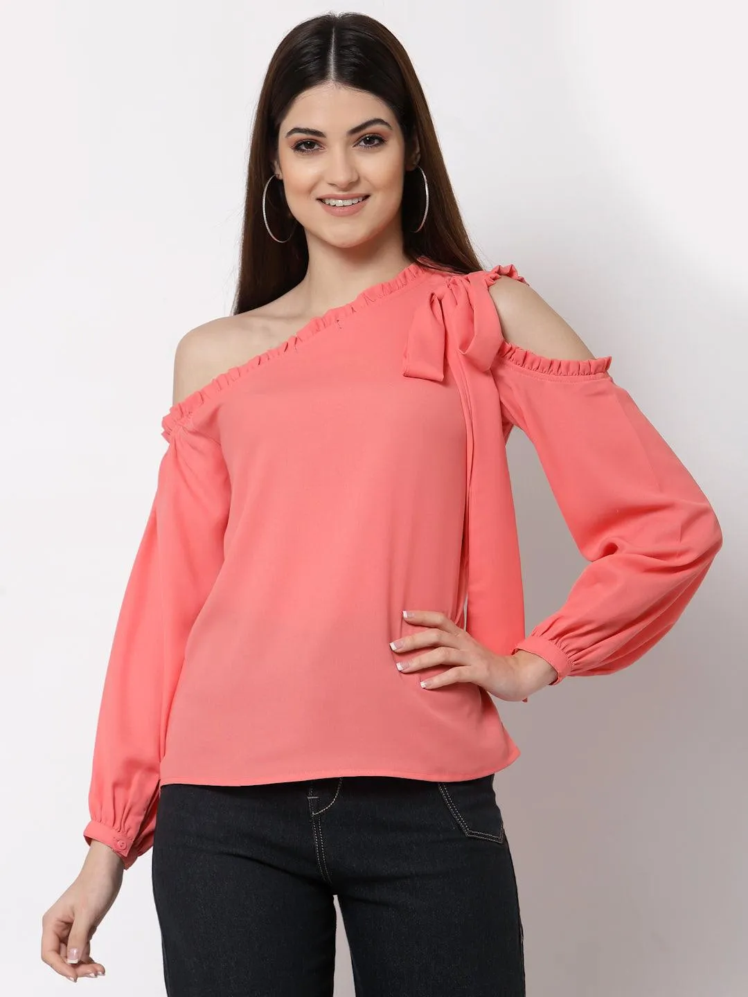 Style Quotient Coral One Shoulder Crepe Top