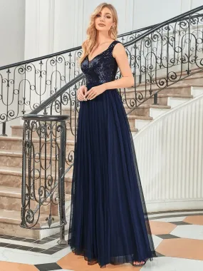 Superbe robe de soirée sans manches en tulle et paillettes taille haute