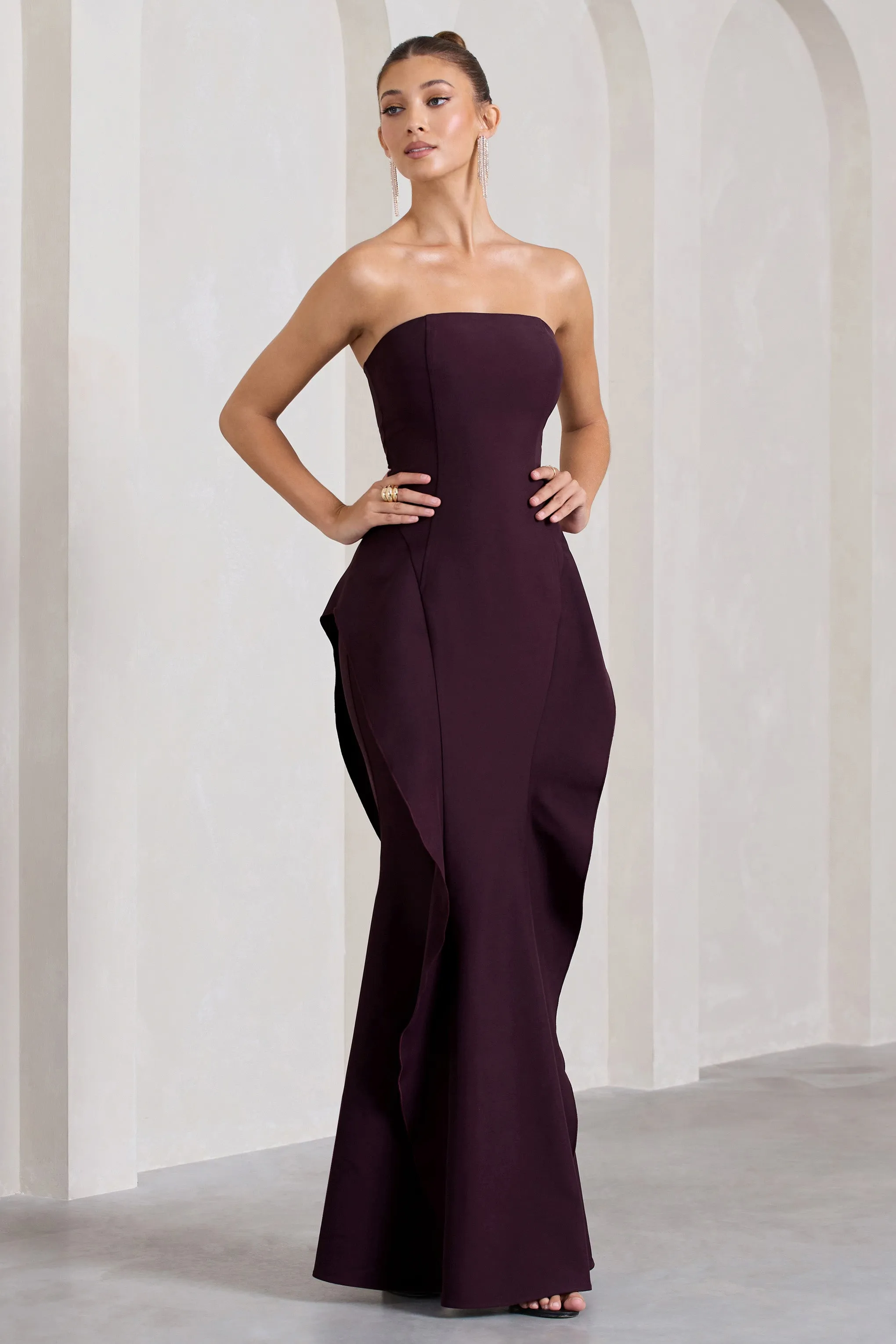 The Real Thing | Plum Strapless Draped Fishtail Maxi Dress