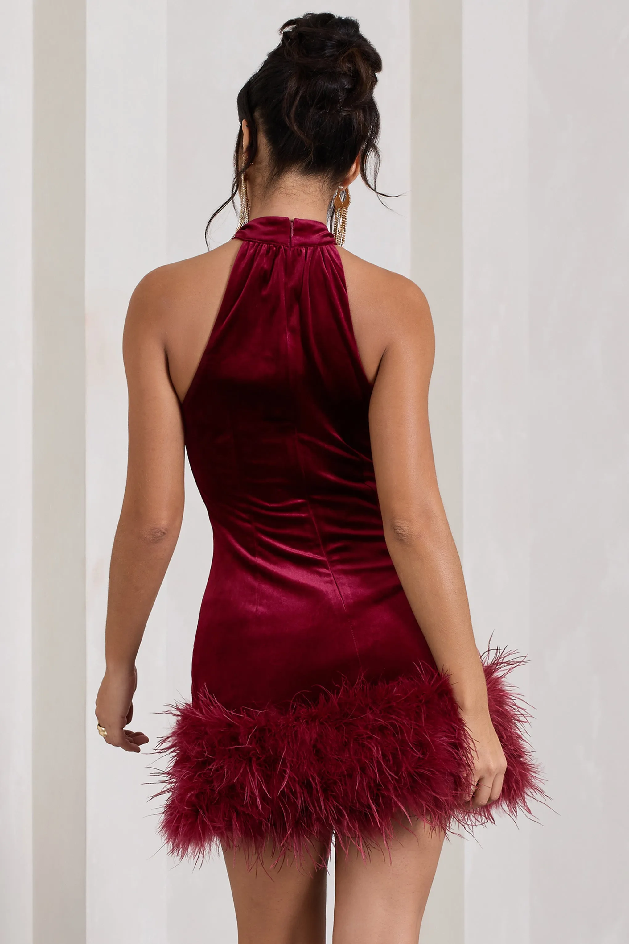 Tillie | Berry Velvet High Neck Trapeze Mini Dress With Feather Hem Detail