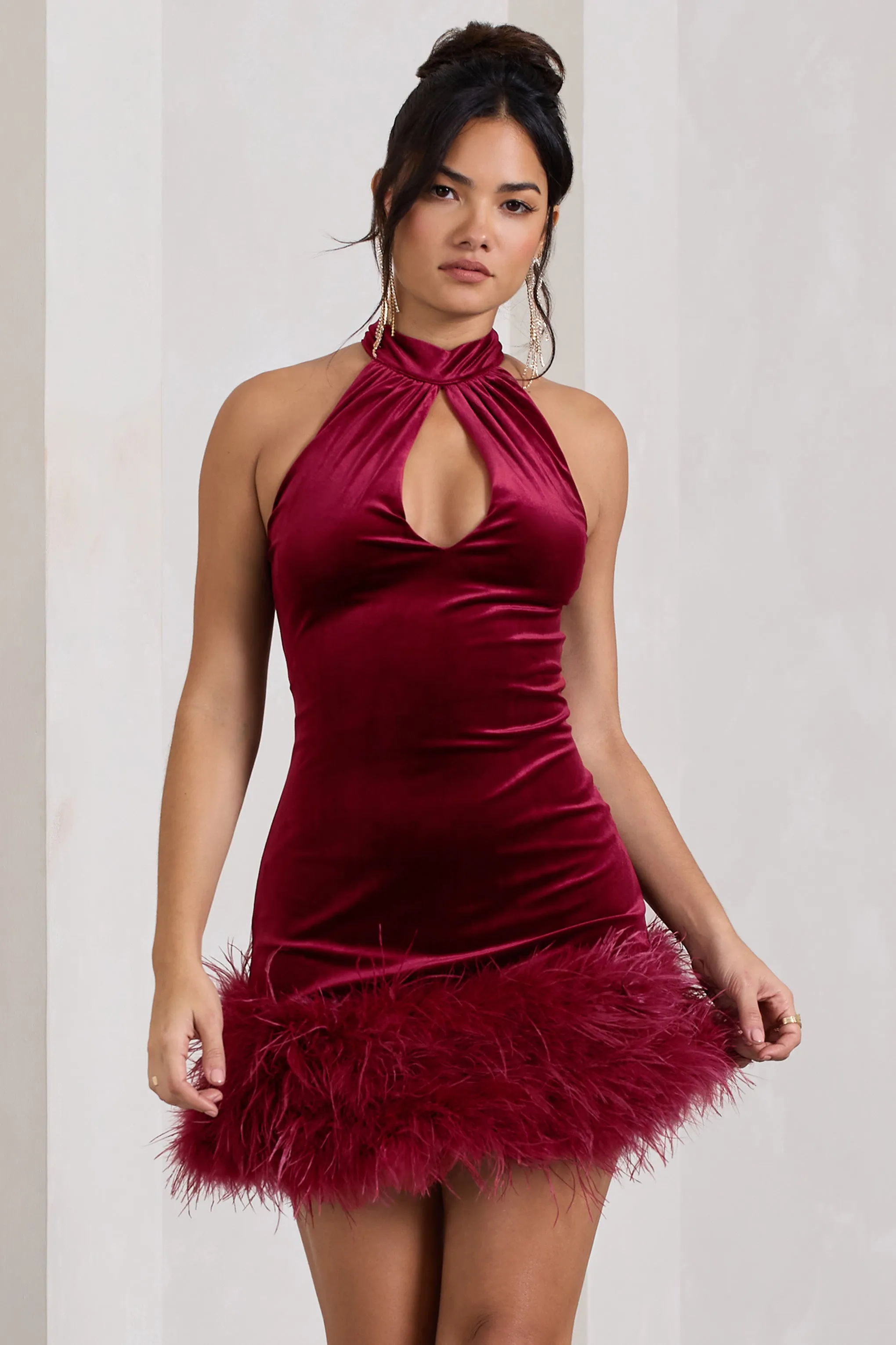 Tillie | Berry Velvet High Neck Trapeze Mini Dress With Feather Hem Detail