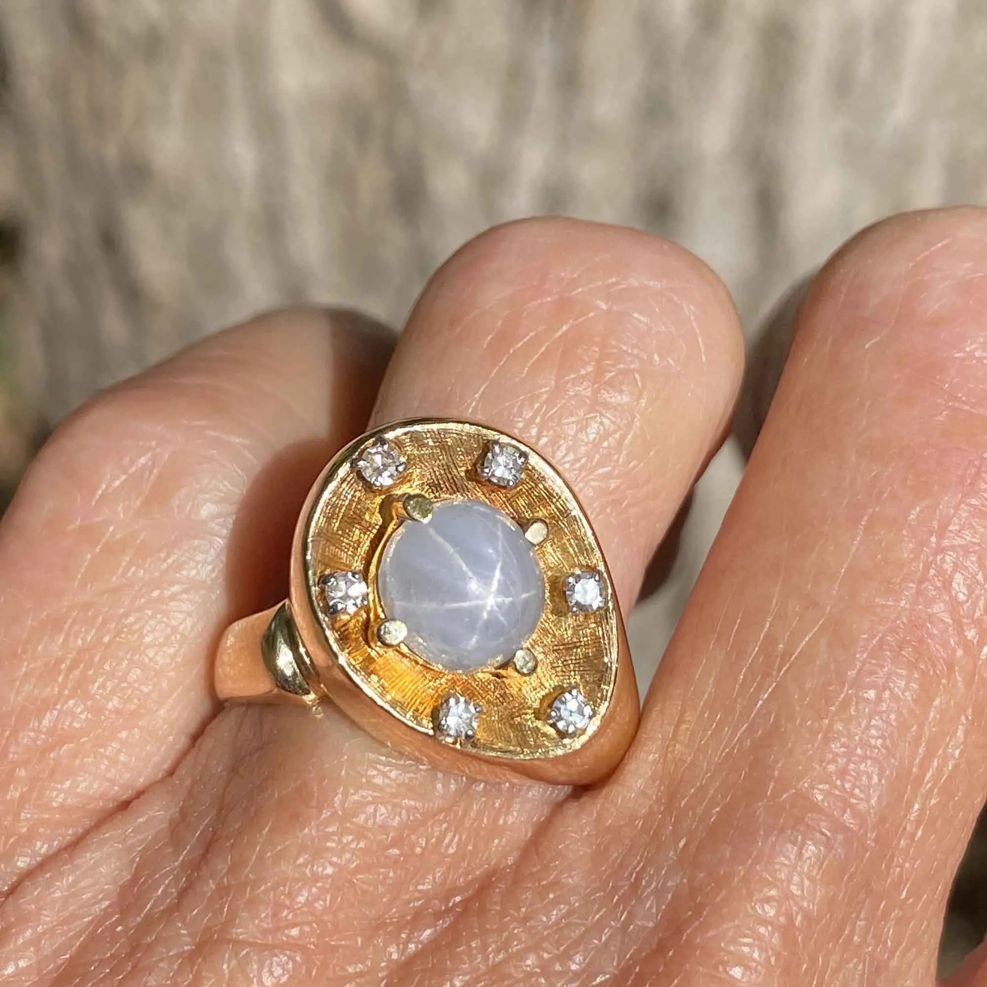 Unique Diamond Star Sapphire Ring, Heavy 14K Gold