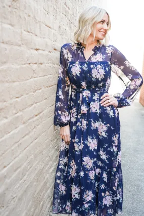 Vintage Days Floral Long Sleeve Midi Dress