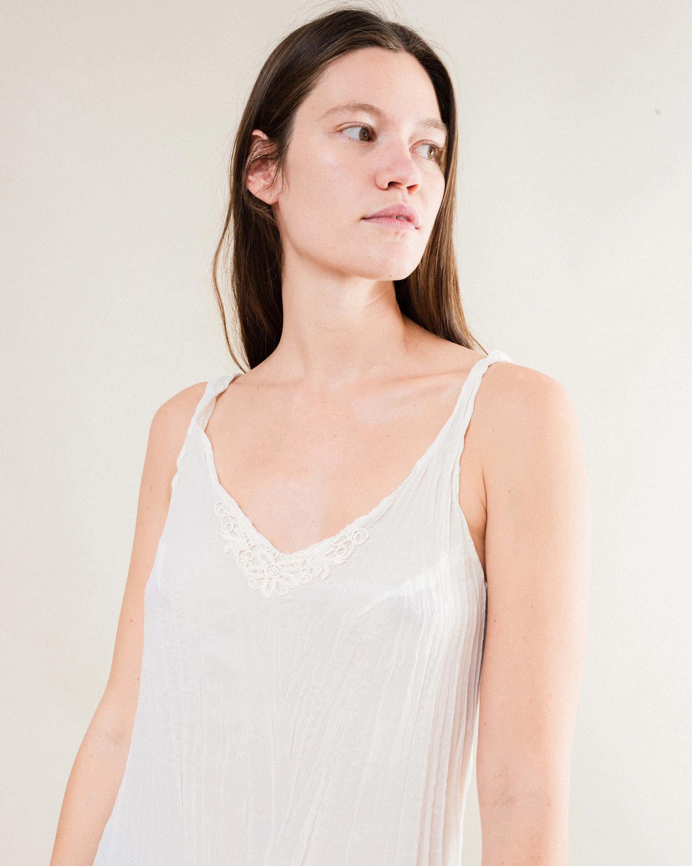 Vintage White Crinkle Slip Dress (S)