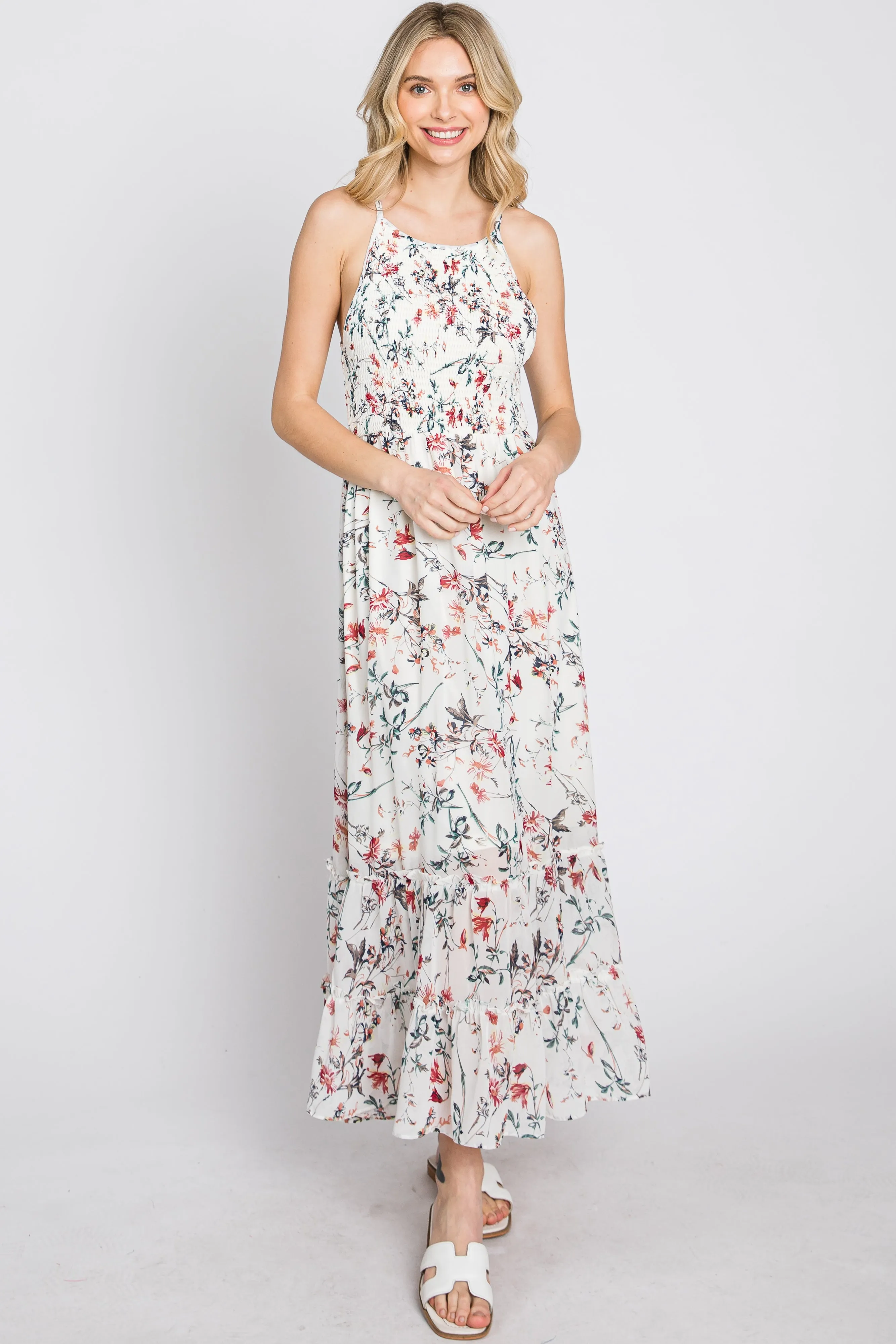 White Floral Chiffon Smocked Midi Dress