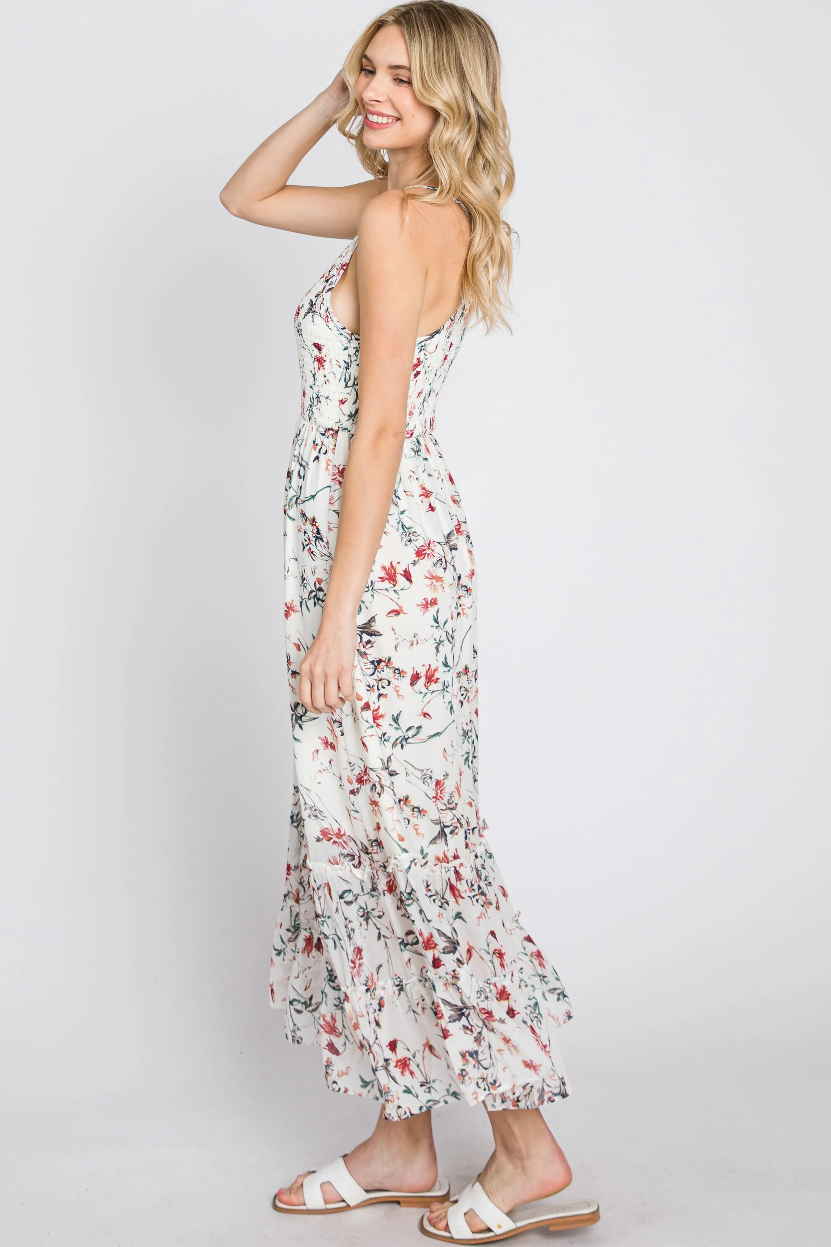 White Floral Chiffon Smocked Midi Dress