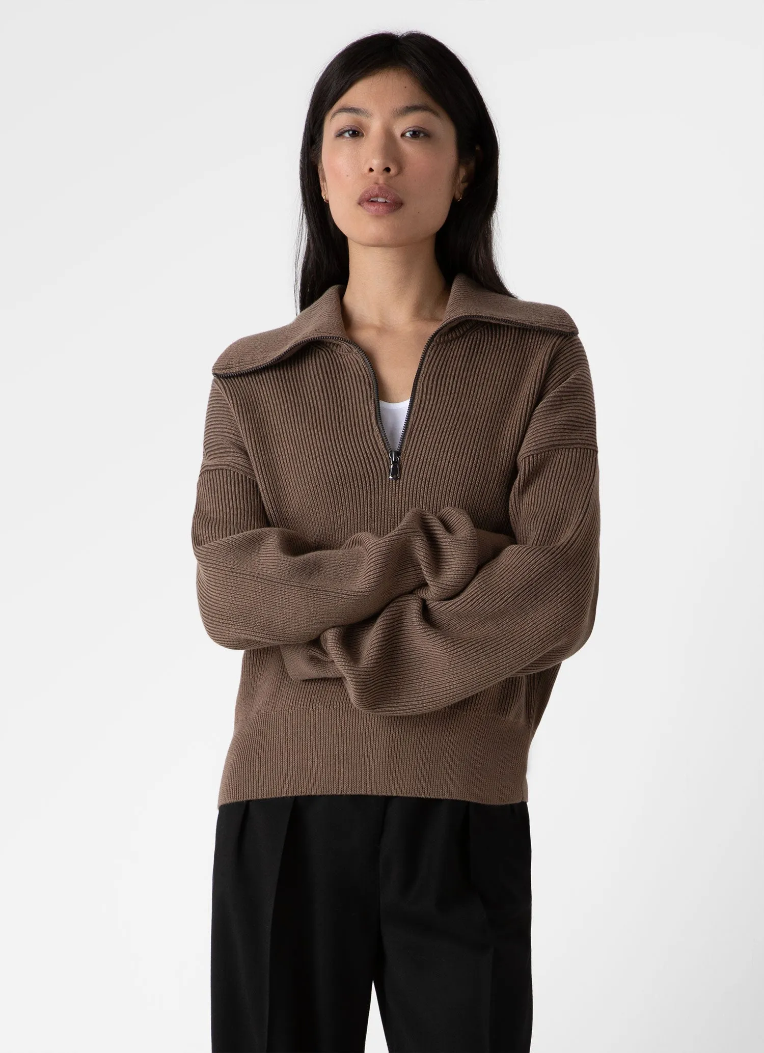 Women's Ribbed Half Zip Jumper in Cedar